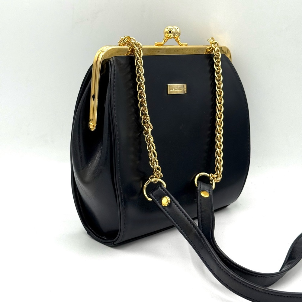 Navy Blue Faux Leather Kiss Lock Shoulder Bag with Gold Chain
